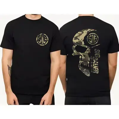 2025 Summer Men's Camo with Sig Sauer Never Settle T-shirt, Unisex Short Sleeve Casual 100% Cotton, Camo Shirt, Sig Sauer Lov...