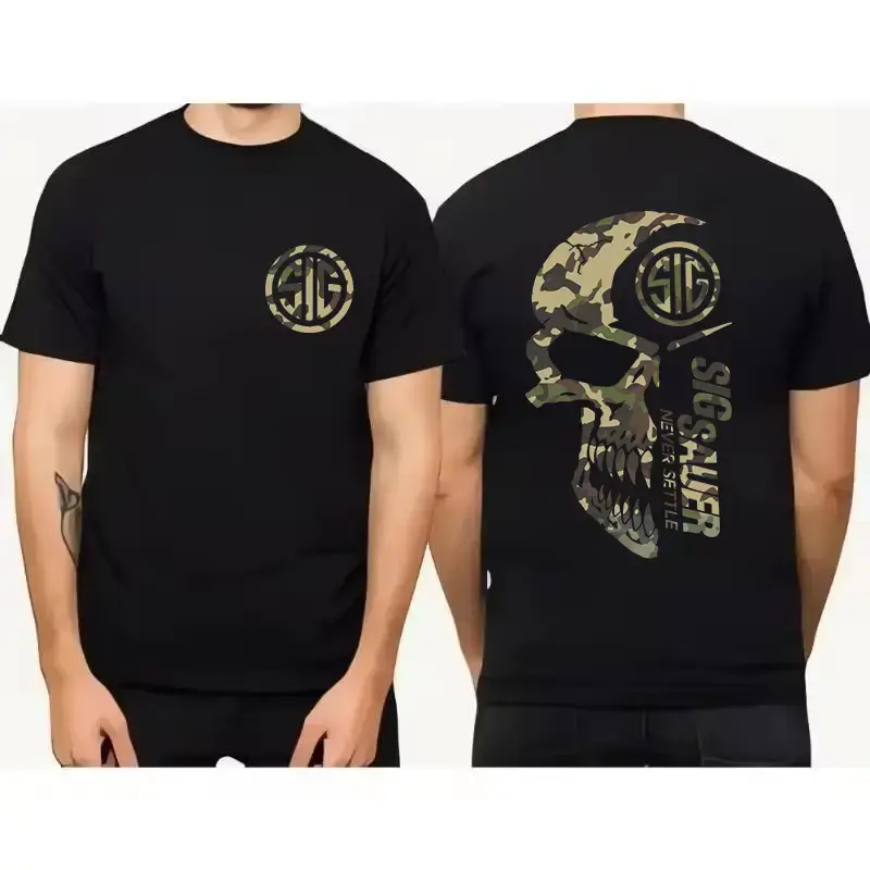 2025 Summer Men's Camo with Sig Sauer Never Settle T-shirt, Unisex Short Sleeve Casual 100% Cotton, Camo Shirt, Sig Sauer Lov...