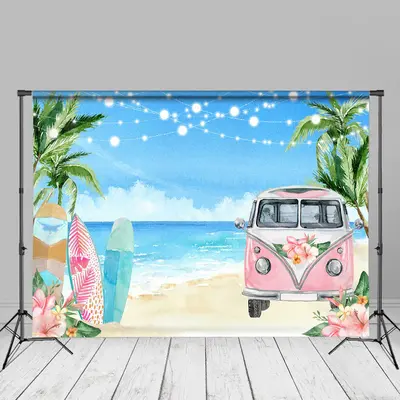 Pink Bus Surfboard Hawaii Beach Floral Summer Backdrop - Aperturee