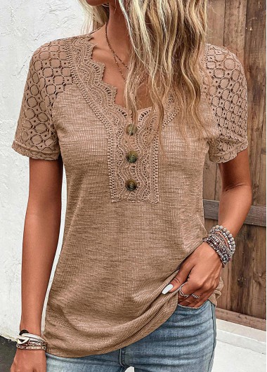 Modlily Dark Camel Lace Short Sleeve T Shirt - M
