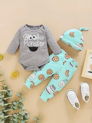 Baby's Letter Print Long Sleeve Bodysuit & Pants & Hat Set, Cute Three-piece Set Outfits for Infant Toddler Kids, Newborn Bab...