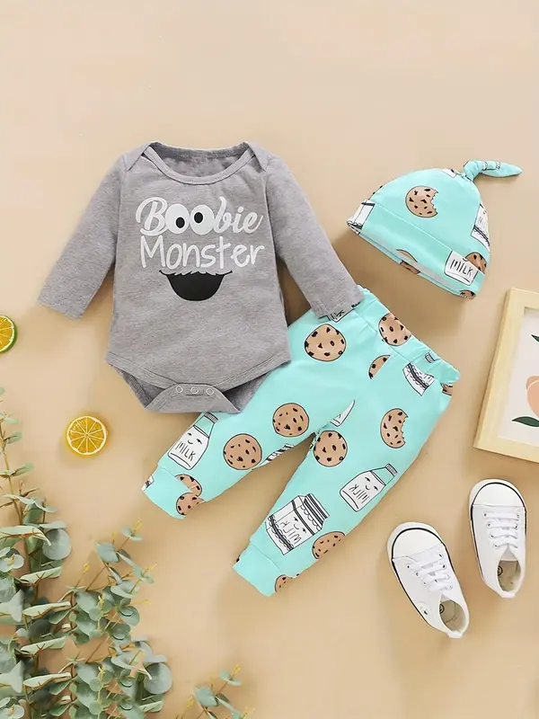 Baby's Letter Print Long Sleeve Bodysuit & Pants & Hat Set, Cute Three-piece Set Outfits for Infant Toddler Kids, Newborn Bab...
