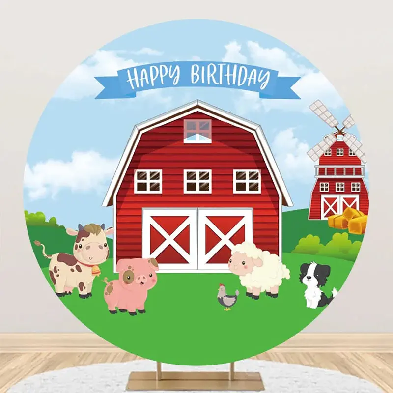 Windmill Barn Animals Grass Round Birthday Backdrop - Aperturee