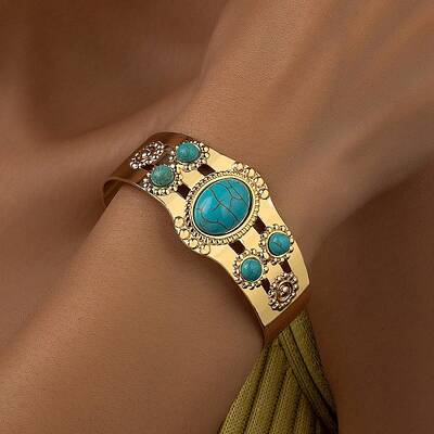 Resin Oval Beaded Open Cuff Bangle