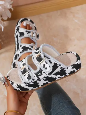 Women's Cute Cow Print Buckle Design Slide Sandals, Casual Comfortable Platform Footwear Sandals for Summer Beach, Fashionab...