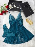 Ladies' Sexy Ruffle Trim Spaghetti Strap Nightdress & Bow Decor Panty Set, Pajama Sets Women, Comfortable Playful Floral Lace...