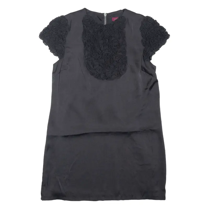 TED BAKER Ruffled Shift Dress Black Satin Short Sleeve Short Womens UK 10