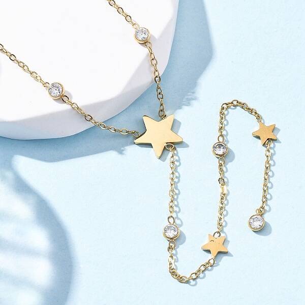 304 Stainless Steel Crystal Rhinestone Star Lariat Necklaces