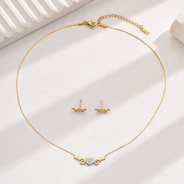 Rhinestone Heart Pendant Necklace & Stud Earrings