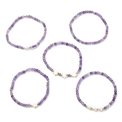 5Pcs 5 Style Natural Amethyst & Pearl & Shell Star Beaded Stretch Bracelets Set