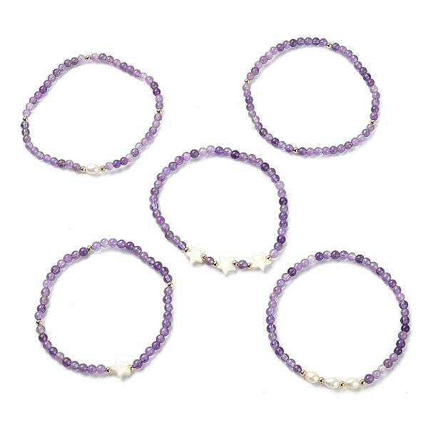 5Pcs 5 Style Natural Amethyst & Pearl & Shell Star Beaded Stretch Bracelets Set