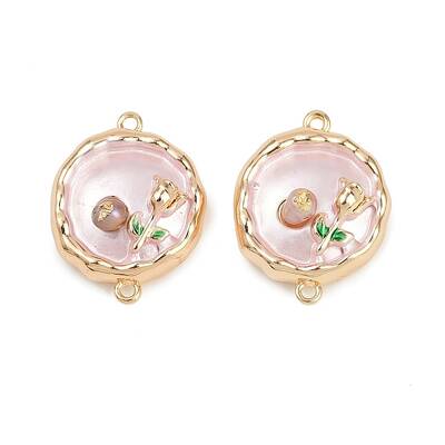 Brass Enamel & Natural Pearl Flat Round with Flower Connector Charms