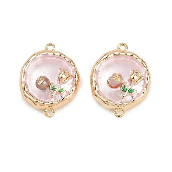 Brass Enamel & Natural Pearl Flat Round with Flower Connector Charms