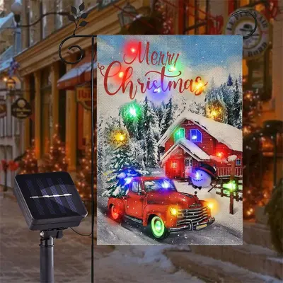 Solar LED Snowy Forest Red House Truck Yard Flag - Aperturee