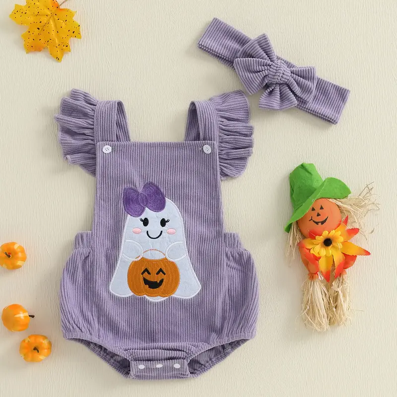 Infant Baby Girl Halloween Outfits Ruffle Sleeveless Bow Ghost Embroidery Romper with Headband Set Newborn Clothes