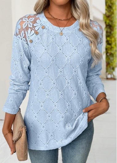 Modlily Light Blue Long Sleeve Round Neck T Shirt - XXL