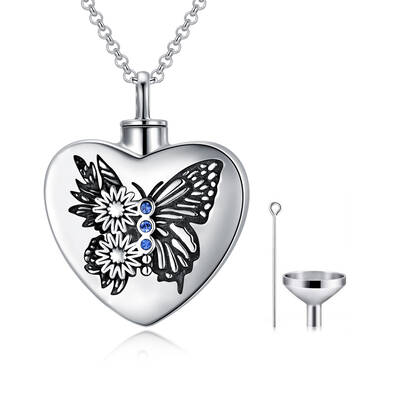 Sterling Silver Crystal Butterfly Sunflower And Heart Urn Necklace For Ashes With Engraved Word