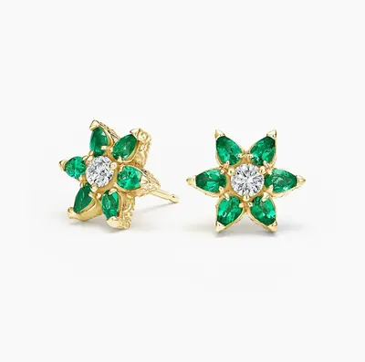 10K Gold Diamond & Emerald Flora Stud Earrings