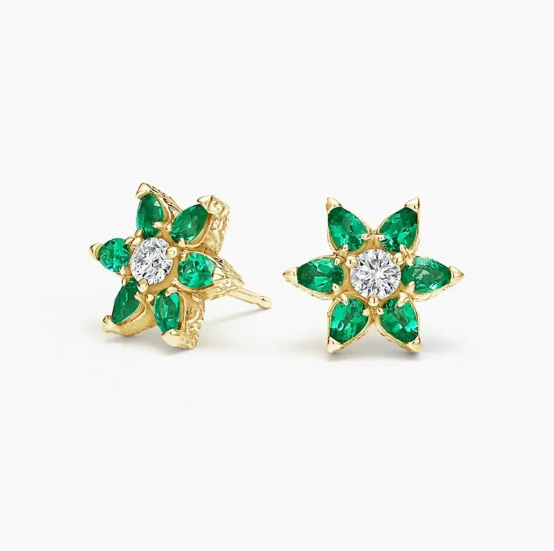 10K Gold Diamond & Emerald Flora Stud Earrings