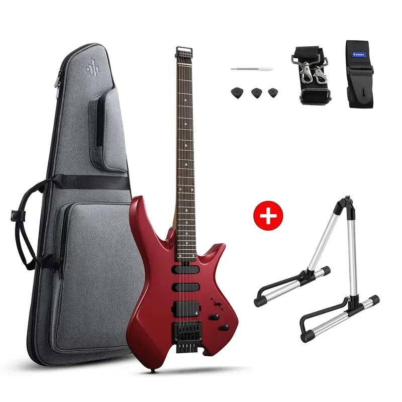 Donner HLX-500 Headless Electric Guitar - Red / Guitar+Stand
