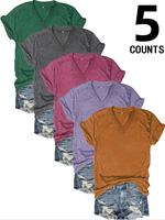 Women's Solid Short Sleeve V Neck Tee, Summer Clothes, Casual Basic Minimalist Fitted Tshirt for Summer, Fashion Women's Summ...