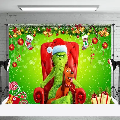 Green Monster Cute Dog Red Sofa Christmas Backdrop - Aperturee