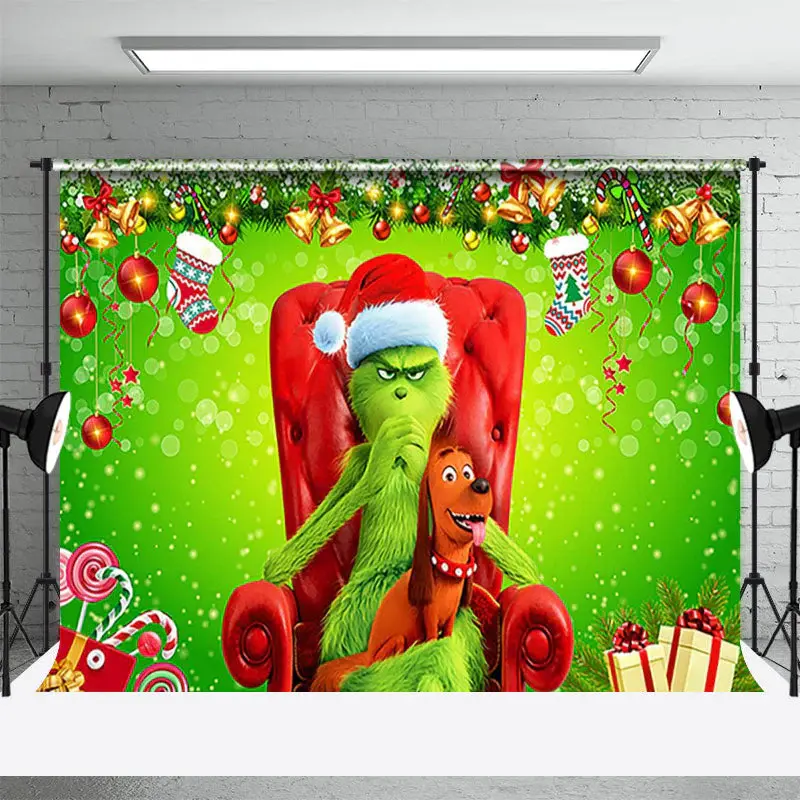Green Monster Cute Dog Red Sofa Christmas Backdrop - Aperturee