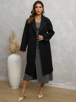 Women's Plain Button Pocket Lapel Neck Coat Without Dress, Casual Loose Solid Color Long Sleeve Outerwear For Fall & Winter, ...