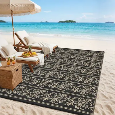 Garvee Waterproof Reversible Outdoor Rug - Boho Leaf Design - Large, UV & Mark Resistant, Washable Plastic Patio Mat with 4 S...