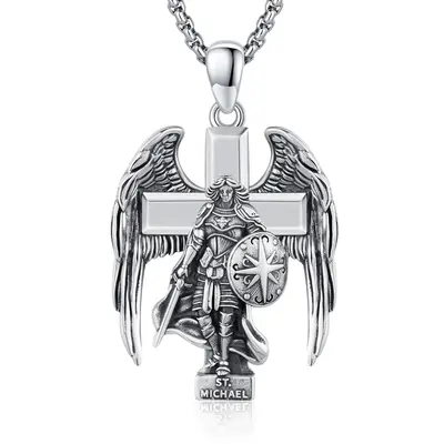 S925 Sterling Silver Archangel Saint Michael Cross Pendant Necklace for Men and Women Springtok