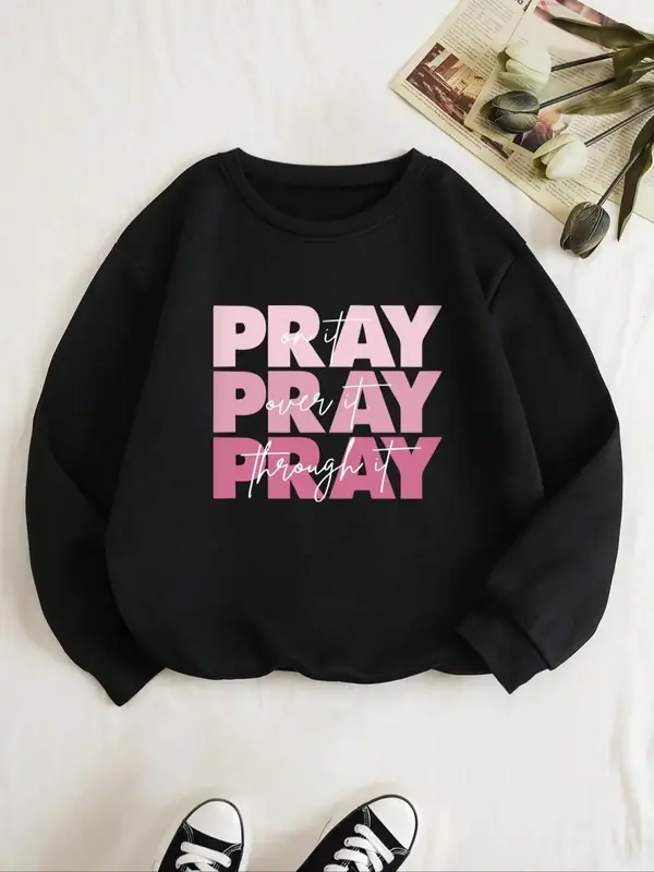 Women's Letter Print Drop Shoulder Graphic Sweatshirt, Trendy Casual Long Sleeve Crewneck Pullover For Daily Streetwear, Ladi...