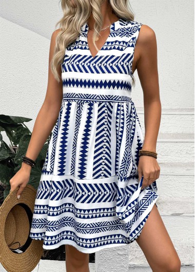 Modlily Blue Tribal Print Sleeveless Split Neck Dress - M