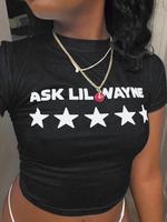 Women's Star & Letter Print Round Neck Tee, Casual Slogan Graphic Crew Neck T-Shirt for Summer, Fashion Women's Top for Daily...