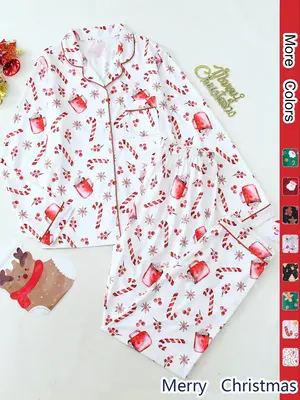 Two-piece Set Women's All Over Print Lapel Neck Button Front Pajama Set, Long Sleeve Pocket Top & Elastic Waist Pants Pj Set,...