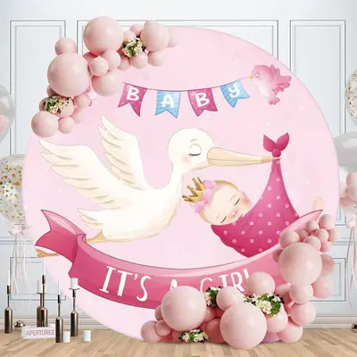 Aperturee White Bird Round Pink Baby Shower Backdrop