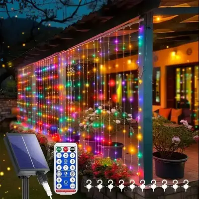 Solar Powered LED Curtain Light with Remote Control, 8 Light Modes Decorative String Light with Timer & Hook, Decorative Ligh...