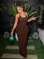 Women's Solid Backless Frill Trim Cami Dress, Fashion Casual Tie Back Sleeveless Bodycon Maxi Spaghetti Strap Dress for Party...
