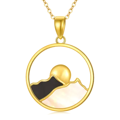 14K Gold Agate Mountains Sun Pendant Necklace For Women