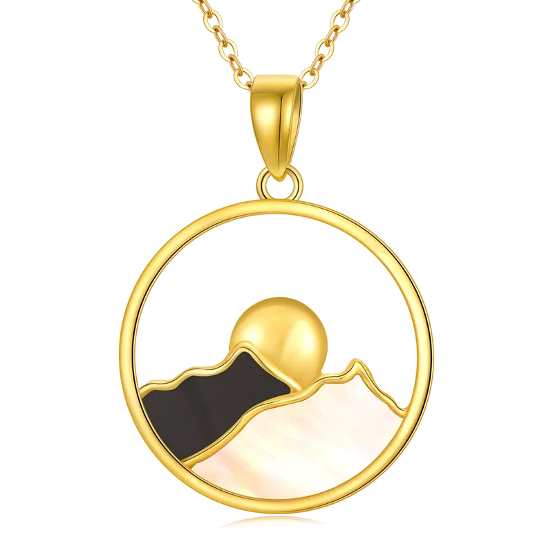 14K Gold Agate Mountains Sun Pendant Necklace For Women