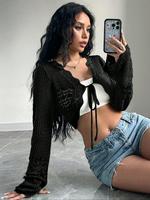 Women's Plain Hollow Out Sheer Flounce Sleeve Crop Cardigan, Casual Tie Front Long Sleeve Cardigan for Daily Wear, Ladies Clo...