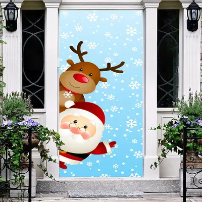 Cute Santa Claus Elk Blue Snowy Christmas Door Cover - Aperturee