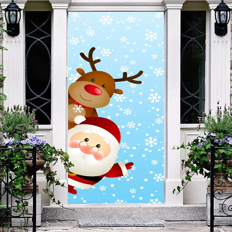 Cute Santa Claus Elk Blue Snowy Christmas Door Cover - Aperturee