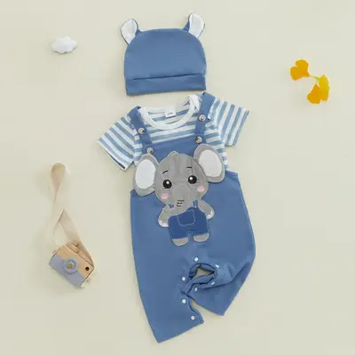 Baby Summer Clothes Stripe Short Sleeve Romper with Elephant Embroidery Overall Pants and Hat 3 Pcs Set