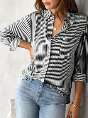 Women's Striped Print Button Front Shirt, Casual Longsleeves Pocket Collared Top for Daily Wear, Summer Tops, Clothes for Wom...