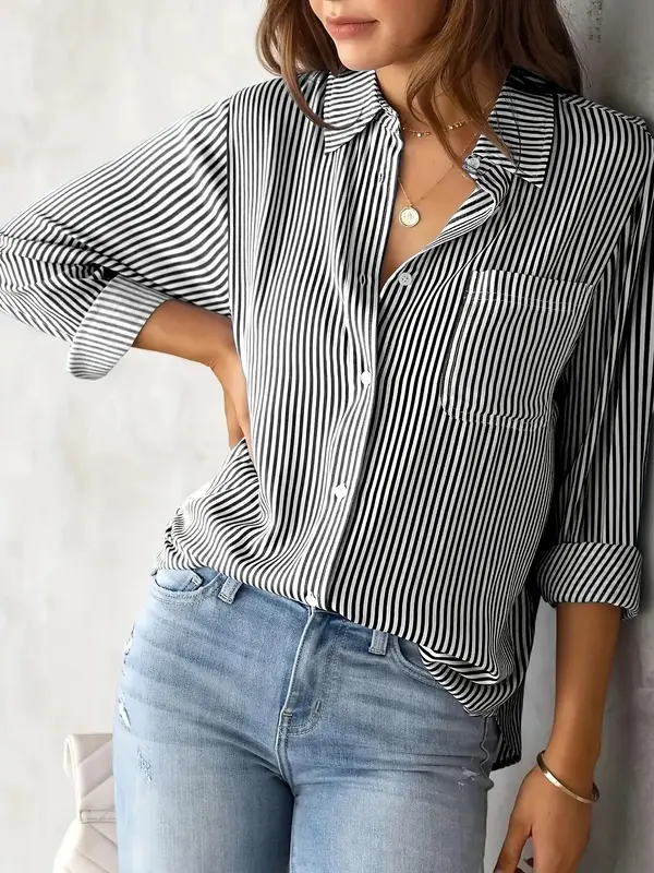 Women's Striped Print Button Front Shirt, Casual Longsleeves Pocket Collared Top for Daily Wear, Summer Tops, Clothes for Wom...