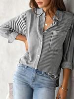 Women's Striped Print Button Front Shirt, Casual Longsleeves Pocket Collared Top for Daily Wear, Summer Tops, Clothes for Wom...