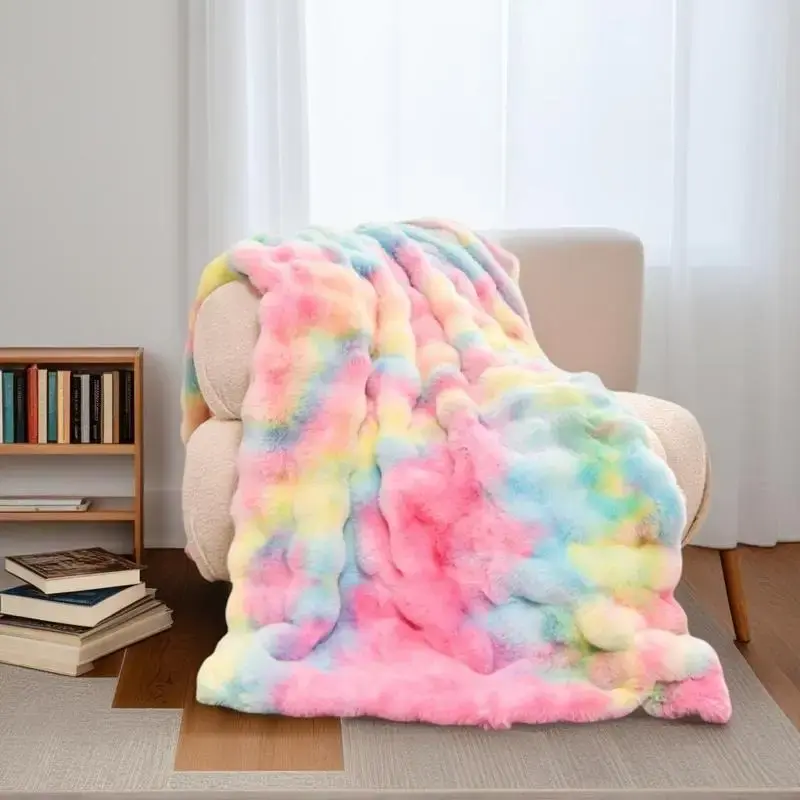 H&D Faux Rabbit Fur Blanket-Pillow not included- Bubble Blanket-Luxury Plush Velvet Throw,  Ultra-Soft Fleece, Warm Cozy Wint...