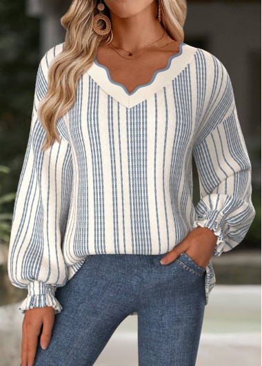 Modlily Beige Tummy Coverage Striped Long Sleeve V Neck Sweatshirt - XL