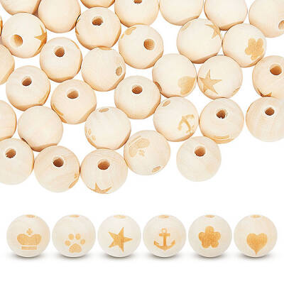 60Pcs 6 Styles Wood European Carved Beads
