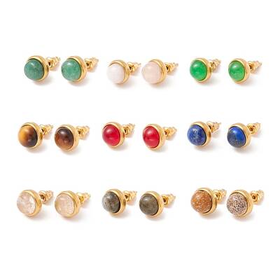 Ion Plating(IP) Natural Gemstone Half Round Stud Earrings